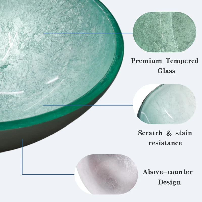 Green Ice-Crackle Tempered Glass Vessel Sink, Round Artistic Textured Bathroom Sink Bowl, Countertop Vanity Basin - Image 6