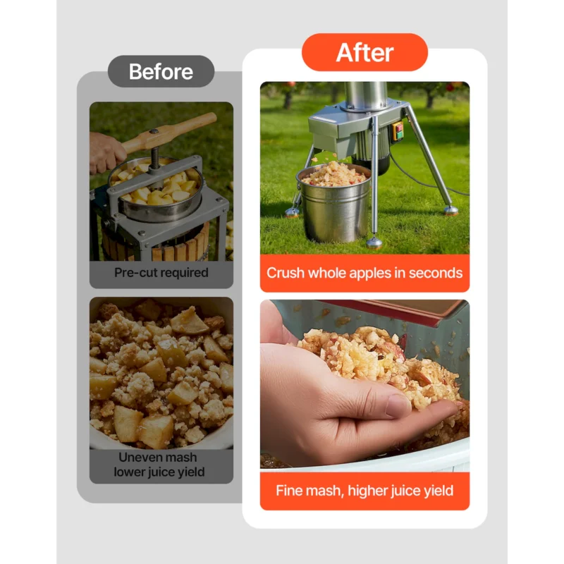 1100W Electric Fruit Apple Crusher, SUS304 Freestanding Crushing Machine, Grinds Whole Apples Up to 3.15" Dia, 164 KG/H Capacity, Cider Press for Apples, Pears, Pineapple, Guava, Carrot, Potato - Image 5