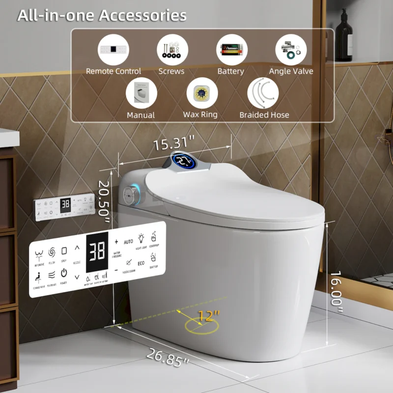 Smart Toilet Bidet Combo with Foot Sensor Open Cover/Seat, Self-Cleaning Nozzle, LED Display, Three Level Heated Seat/Airflow, Night Light, Knob Control, Soft Close, Auto Flush, with Remote Control - Image 2