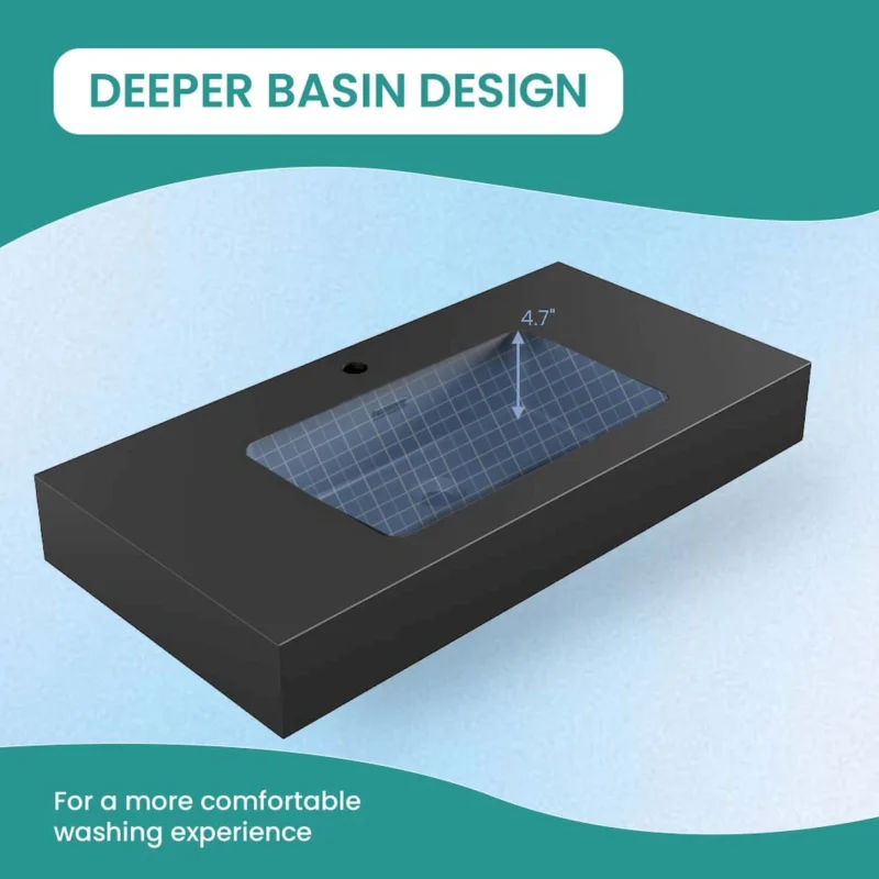 BB02-36-109, Integrated engineered solid surface basin WITHOUT drain and faucet, matte black color - Image 4