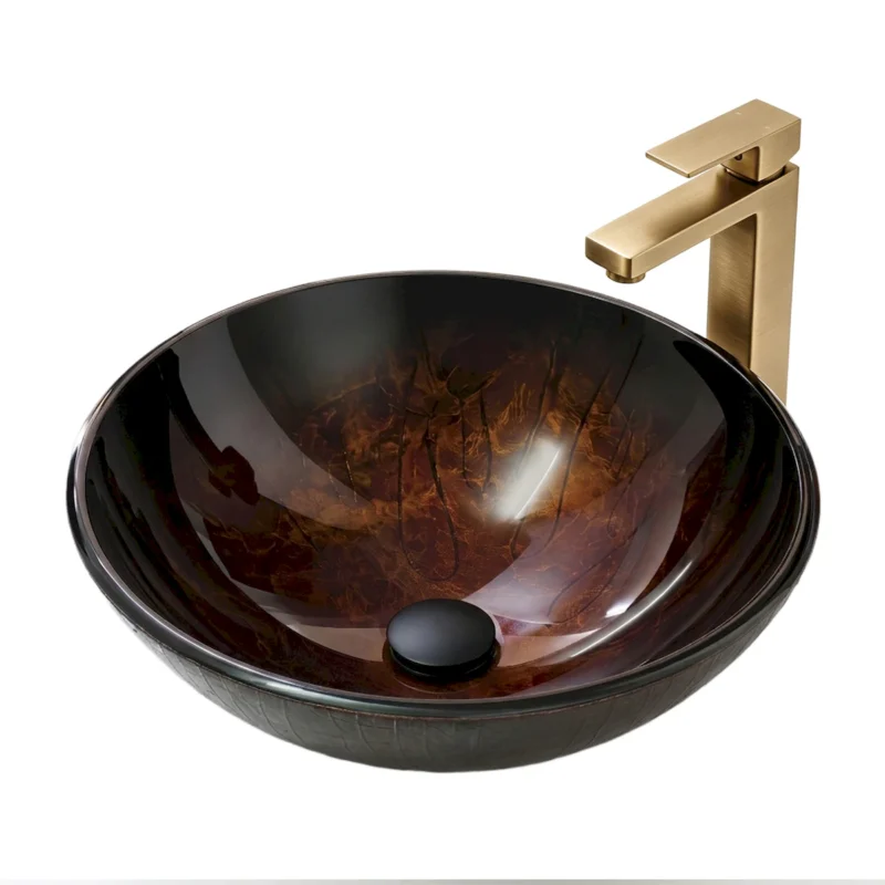 Amber Tempered Glass Vessel Sink, Round Artistic Textured Bathroom Sink Bowl, Countertop Vanity Basin - Image 2