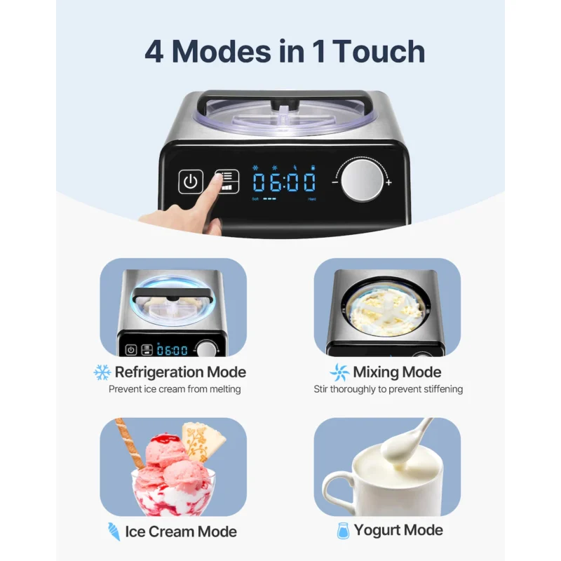 Upright Automatic Ice Cream Maker with Built-in Compressor, 2 Quart No Pre-freezing Fruit Yogurt Machine, Stainless Steel Electric Sorbet Maker, 4 Modes Gelato Maker with Digital Display & Timer - Image 10