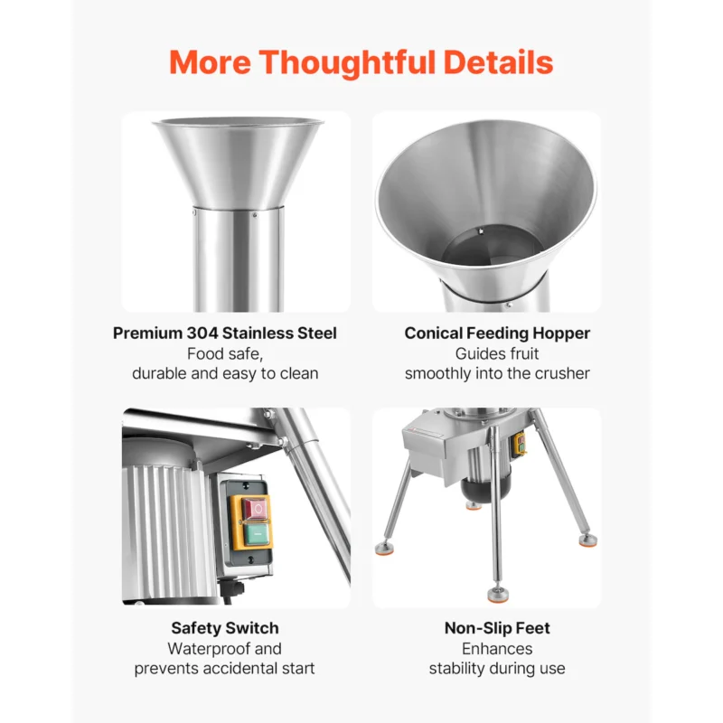 1100W Electric Fruit Apple Crusher, SUS304 Freestanding Crushing Machine, Grinds Whole Apples Up to 3.15" Dia, 164 KG/H Capacity, Cider Press for Apples, Pears, Pineapple, Guava, Carrot, Potato - Image 4