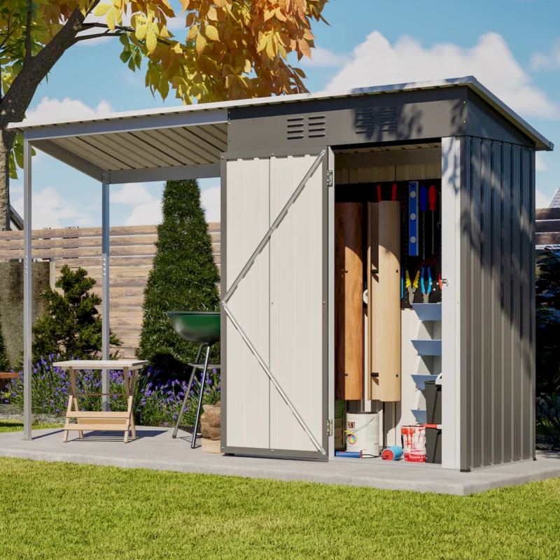 Durable 5x3FT Galvanized Steel Shed & Gazebo Combo, Easy Assembly Lean-To Storage with Open Pergola, All-Weather 2-in-1 Garden Shed for Tool Storage, Patio, Backyard  - Image 24