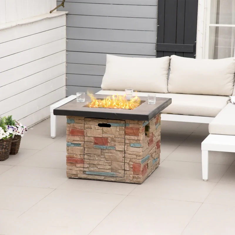 Outsunny 32 Inch Outdoor Propane Gas Fire Pit Table, 50,000 BTU Auto-Ignition Square Faux Ledge Stone Gas Firepit with Lava Rocks and Rain Cover, CSA Certification, Brown - Image 10