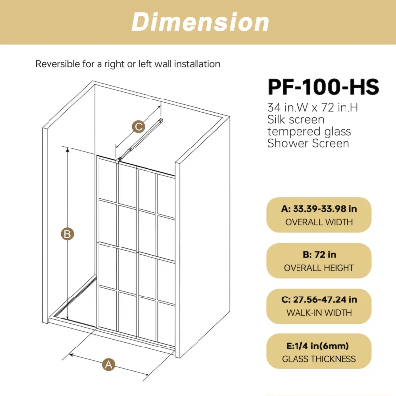 Framed Glass Shower Screen 34" Width x 72"Height with 1/4" 6mm Silk-printing Tempered Glass, Matte black aluminum and support bar, Shower door - Image 19