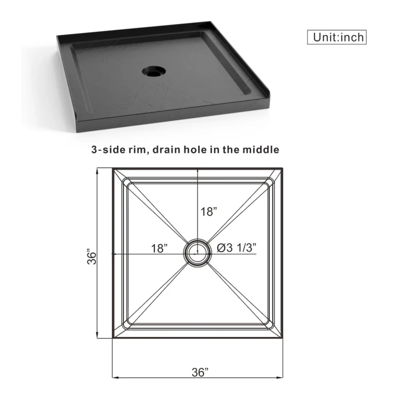 Goodyo 36"x36" Shower Base 3.5" Height Anti-slip Acrylic Center Drain Single Threshold Shower Base in Slate Black - Image 7
