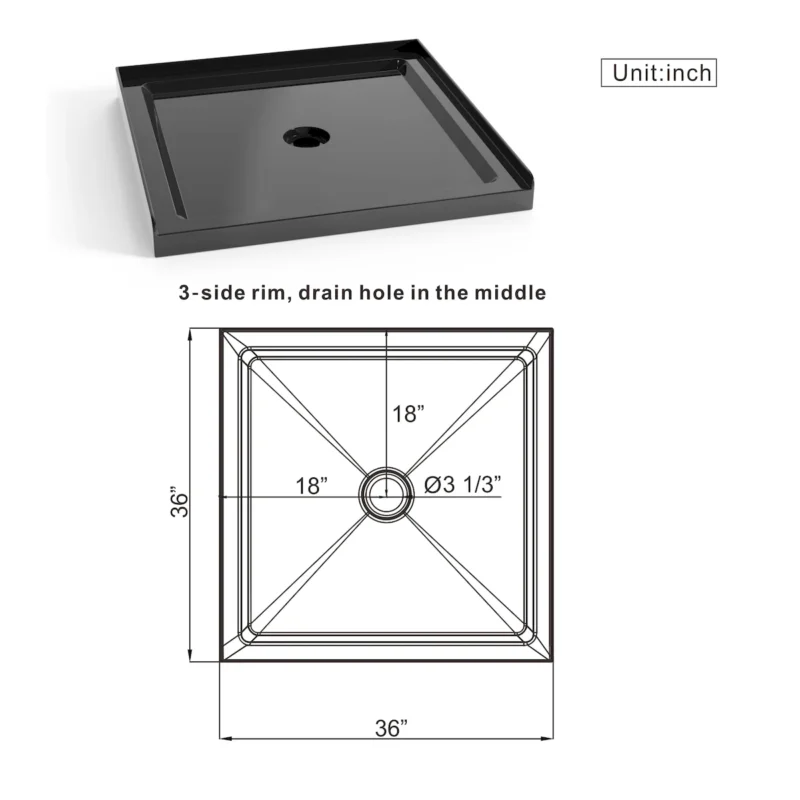 Goodyo 36"x36" Shower Base 3.5" Height Anti-slip Acrylic Center Drain Single Threshold Shower Basin in Black - Image 6