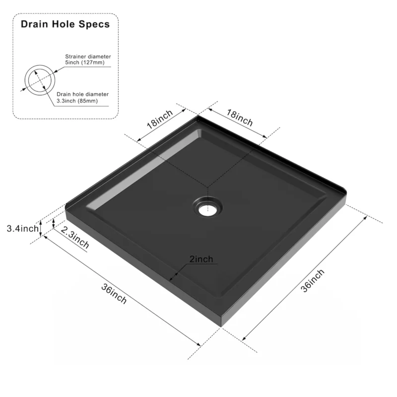 Goodyo 36"x36" Shower Base Anti-slip Acrylic Center Drain Double Threshold Shower Basin in Black - Image 6