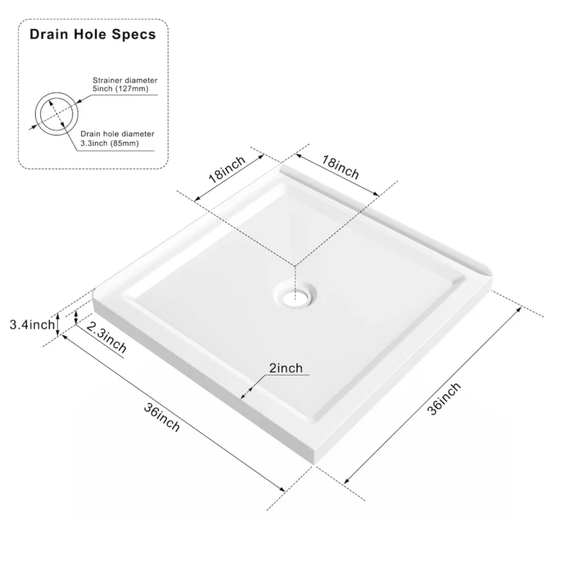 Goodyo 36"x36" Shower Base 3.3" Height Anti-slip Acrylic Center Drain Double Threshold Shower Basin in White  - Image 6