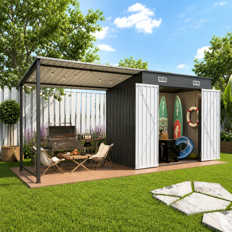 12x4 FT Metal Lean-To Shed with Pergola, 6x4 FT Outdoor Storage Shed & Hardtop Gazebo Combo, 2-in-1 Garden Tool Shed with Open Side for Patio, Backyard, Deck  - Image 6