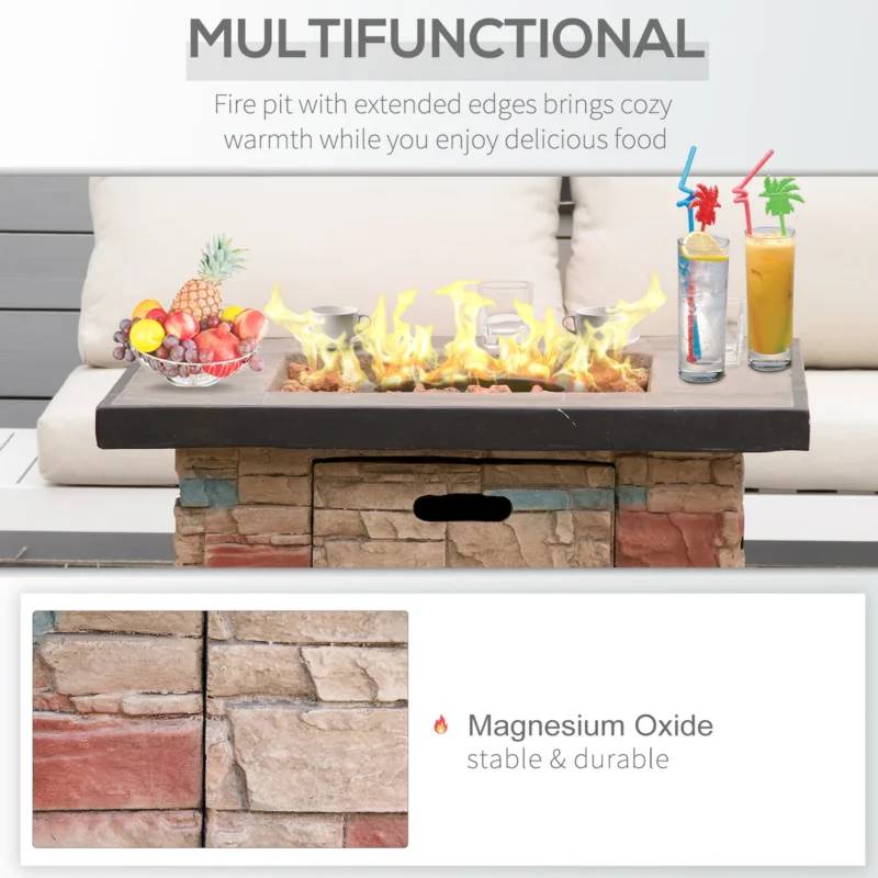 Outsunny 32 Inch Outdoor Propane Gas Fire Pit Table, 50,000 BTU Auto-Ignition Square Faux Ledge Stone Gas Firepit with Lava Rocks and Rain Cover, CSA Certification, Brown - Image 2