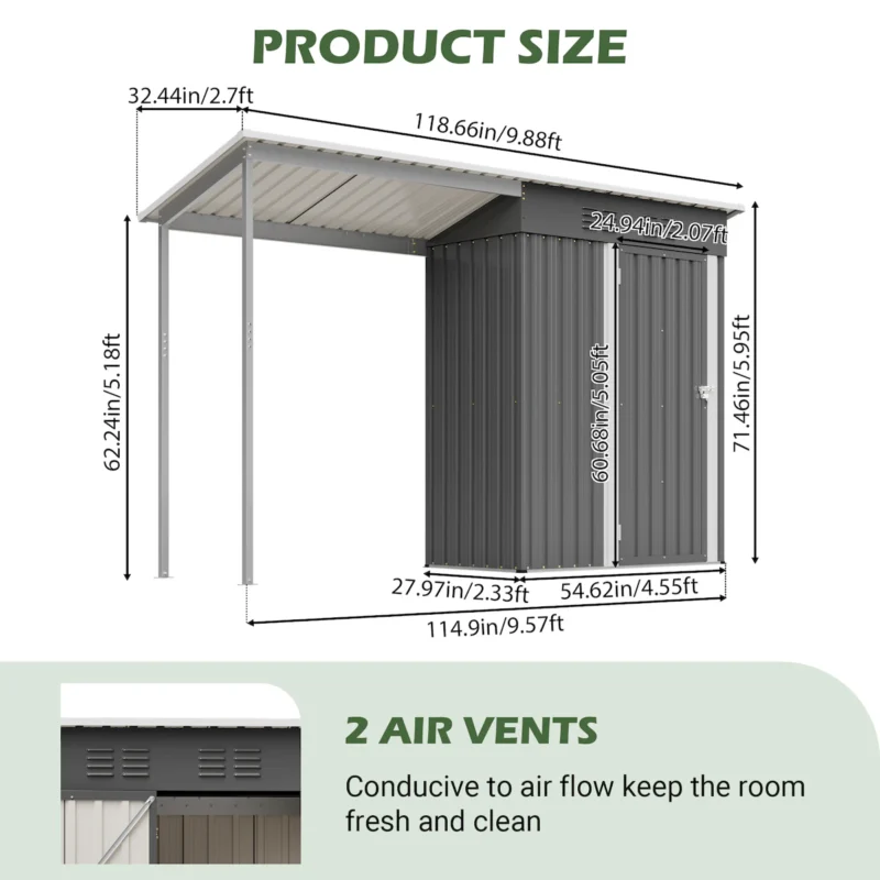 Durable 5x3FT Galvanized Steel Shed & Gazebo Combo, Easy Assembly Lean-To Storage with Open Pergola, All-Weather 2-in-1 Garden Shed for Tool Storage, Patio, Backyard  - Image 15
