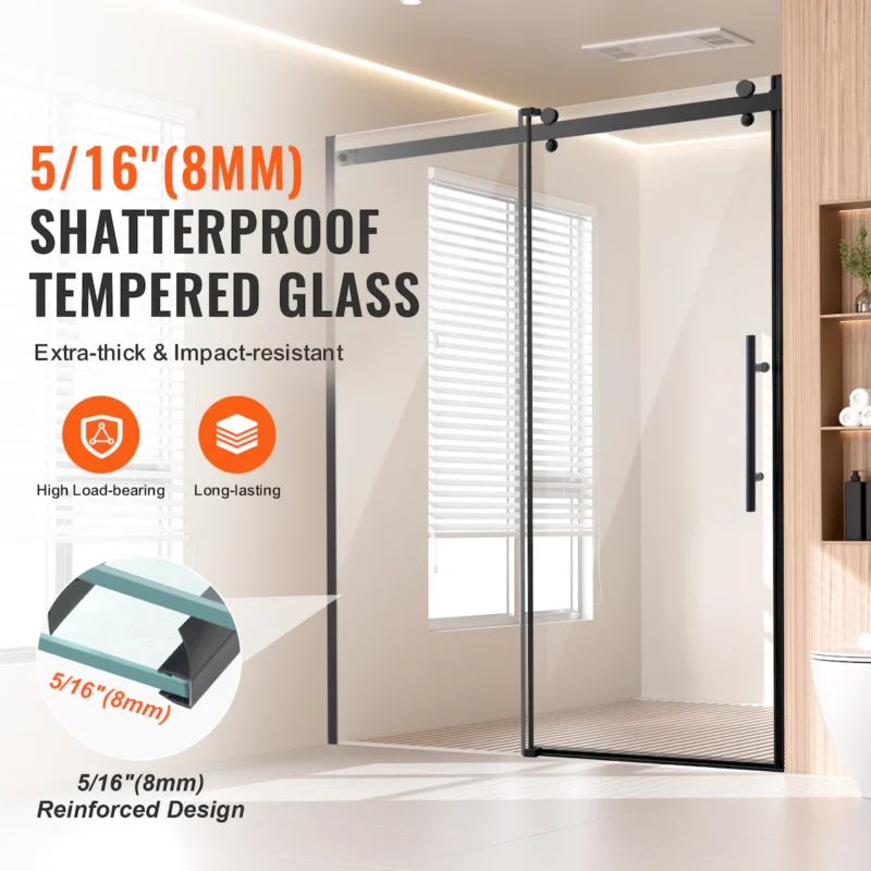 Frameless Shower Door 58-59 x 75 in Clear Tempered Glass 5/16 in Matte Black - Image 6