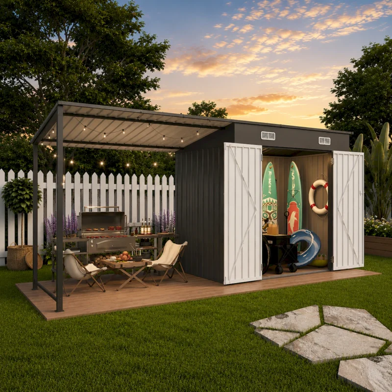 12x4 FT Metal Lean-To Shed with Pergola, 6x4 FT Outdoor Storage Shed & Hardtop Gazebo Combo, 2-in-1 Garden Tool Shed with Open Side for Patio, Backyard, Deck  - Image 5
