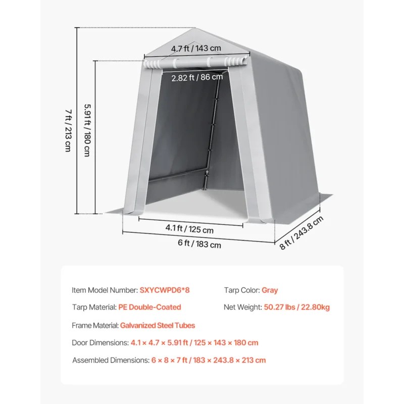Outdoor Storage Shelter Shed 6x8 ft Waterproof Portable Canopy Carport Tent - Image 2