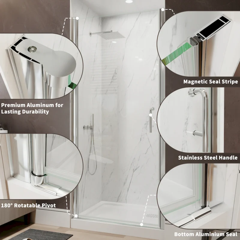 34 In. to 36In. x 72 In Semi-Frameless Pivot Shower Door in Chrome With Clear Glass - Image 8