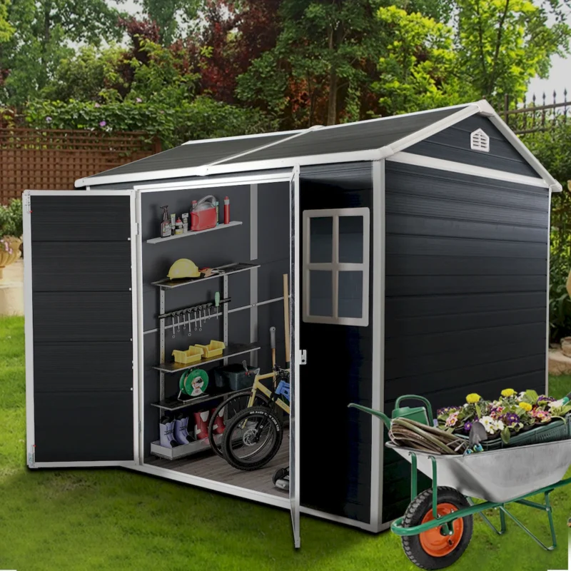 8x4ft Outdoor Resin Garden Shed with Floor and 2 Windows, Plastic Patio Outdoor Storage Shed with Lockable Door for Garden Tools, Bicycles, Trash Cans, Black  - Image 6