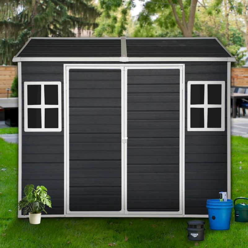 8x4ft Outdoor Resin Garden Shed with Floor and 2 Windows, Plastic Patio Outdoor Storage Shed with Lockable Door for Garden Tools, Bicycles, Trash Cans, Black  - Image 5