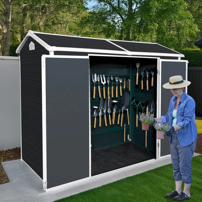8x4ft Outdoor Resin Garden Shed with Floor and 2 Windows, Plastic Patio Outdoor Storage Shed with Lockable Door for Garden Tools, Bicycles, Trash Cans, Black  - Image 4