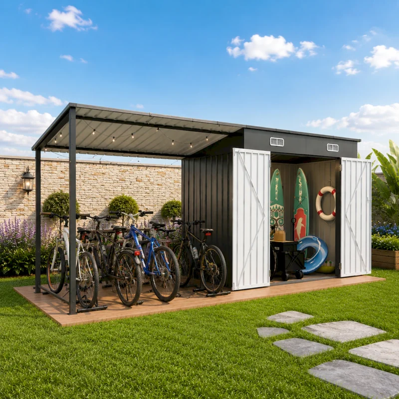12x4 FT Metal Lean-To Shed with Pergola, 6x4 FT Outdoor Storage Shed & Hardtop Gazebo Combo, 2-in-1 Garden Tool Shed with Open Side for Patio, Backyard, Deck  - Image 3
