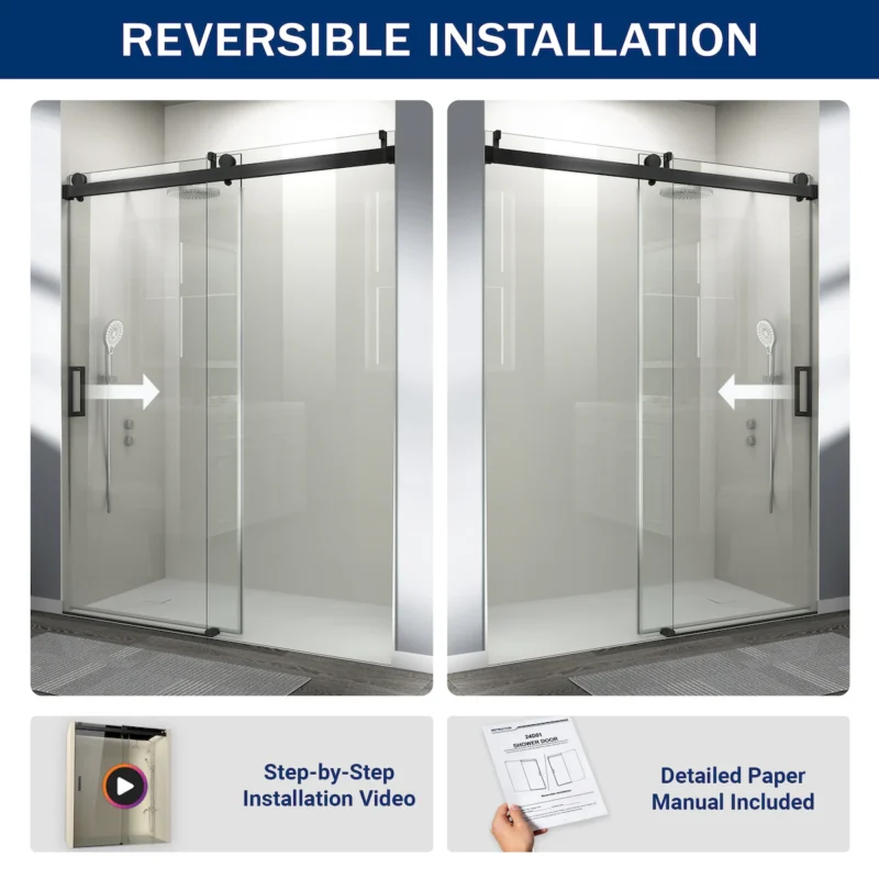 56" - 60" W x 76" H Frameless Soft-closing Single Sliding Shower Door, 3/8" (10mm) Tempered Glass with Easy-cleaning Nano-Coating, Matte Black 22D01-60MB - Image 4