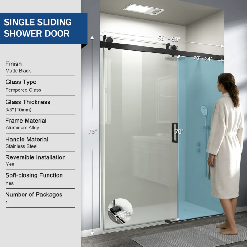 56" - 60" W x 76" H Frameless Soft-closing Single Sliding Shower Door, 3/8" (10mm) Tempered Glass with Easy-cleaning Nano-Coating, Matte Black 22D01-60MB - Image 3