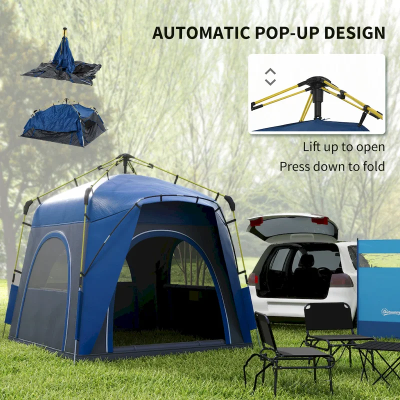 Outsunny Camping Tents 4 Person Pop Up Tent Quick Setup Automatic Hydraulic Family Travel Tent w/ Windows, Doors Carry Bag Included, Blue - Image 7