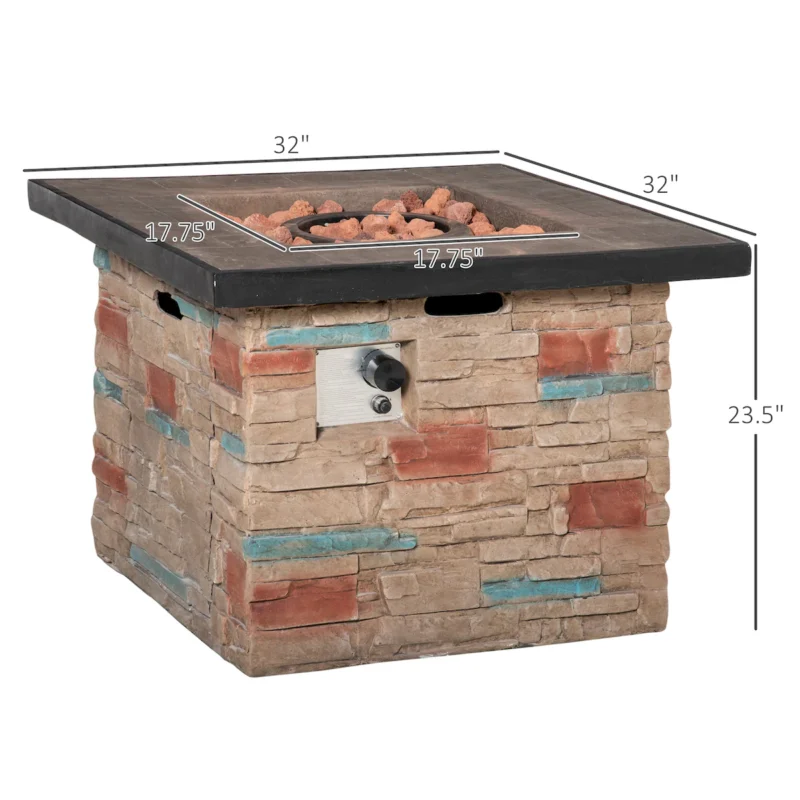 Outsunny 32 Inch Outdoor Propane Gas Fire Pit Table, 50,000 BTU Auto-Ignition Square Faux Ledge Stone Gas Firepit with Lava Rocks and Rain Cover, CSA Certification, Brown - Image 9