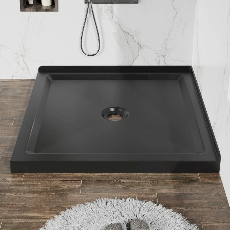 Goodyo 36"x36" Shower Base Anti-slip Acrylic Center Drain Double Threshold Shower Basin in Black - Image 5