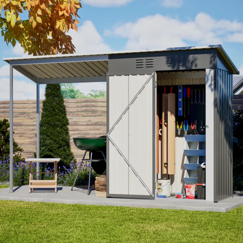 Durable 5x3FT Galvanized Steel Shed & Gazebo Combo, Easy Assembly Lean-To Storage with Open Pergola, All-Weather 2-in-1 Garden Shed for Tool Storage, Patio, Backyard  - Image 4