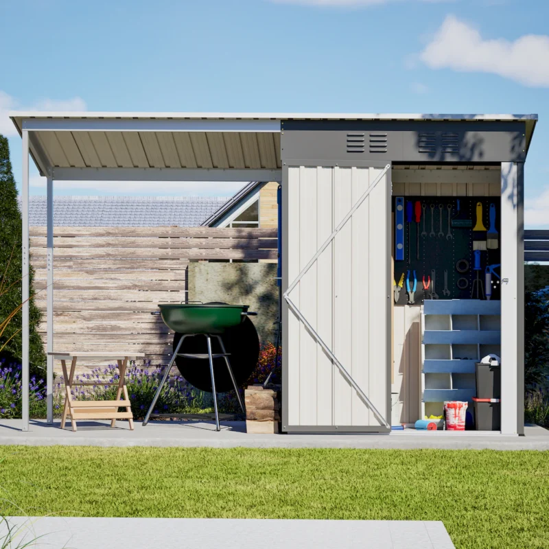 Durable 5x3FT Galvanized Steel Shed & Gazebo Combo, Easy Assembly Lean-To Storage with Open Pergola, All-Weather 2-in-1 Garden Shed for Tool Storage, Patio, Backyard  - Image 3