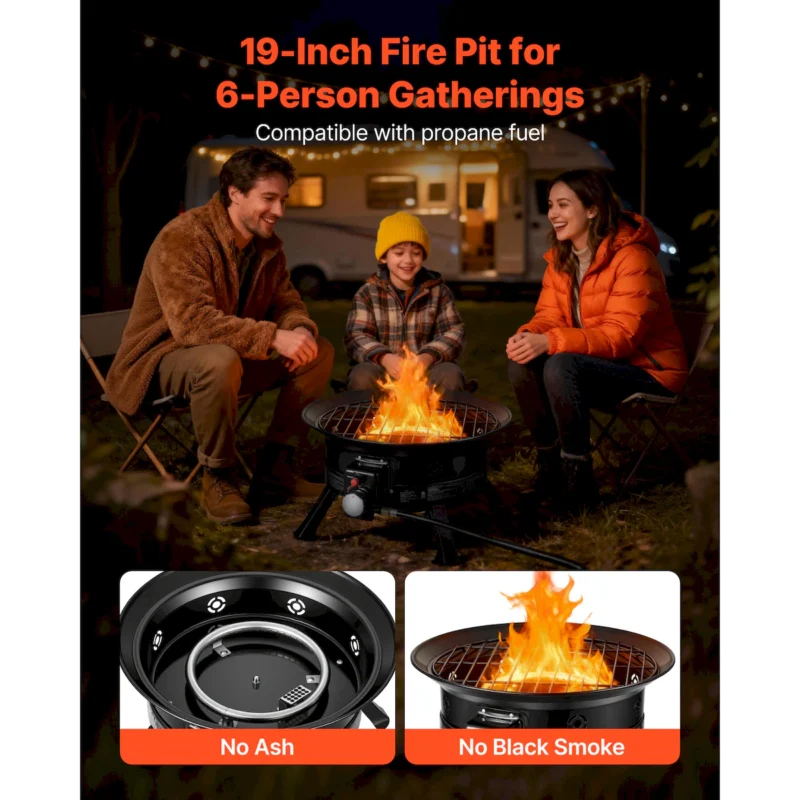Propane Fire Pit 19-Inch, 53,000 BTU Portable Gas Fire Pit, with Grill Grate & Lava Rocks, Adjustable Flame, Folding Legs,Smokeless Outdoor Firebowl for Camping, Patio, Backyard, Deck, RV, Black - Image 8
