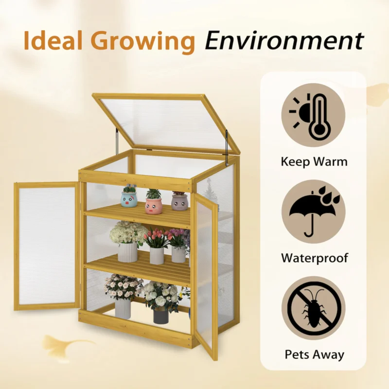 Greenhouse Wooden Cold Frame Greenhouse, Mini Greenhouse for Outdoor, Polycarbonate Garden Greenhouse Cabinet 2-Tier, Keep Plant Warm Enough - Image 7