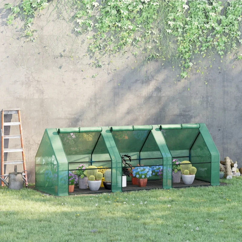 Outsunny 9' x 3' x 3' Portable Mini Greenhouse Outdoor Garden with Large Zipper Doors and Water/UV PE Cover, Green  - Image 9