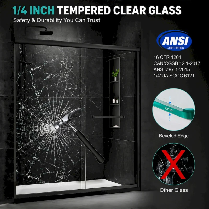 60'' W x 74'' H Door Sliding Frameless Shower Door with 6mm Tempered Glass LYM-02 Mat Black  - Image 12