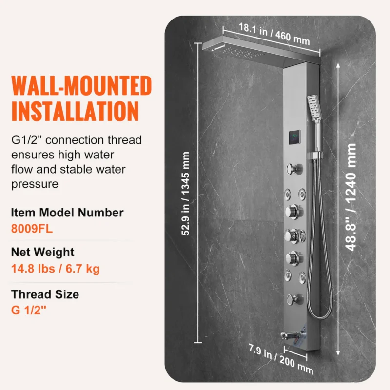 Shower Panel System, 6 Shower Modes, LED & Screen Hydroelectricity Shower Panel Tower, Rainfall, Waterfall, 8 Massage Jets, Tub Spout, Handheld Shower, Stainless Steel Wall-Mounted Shower Set  - Image 8
