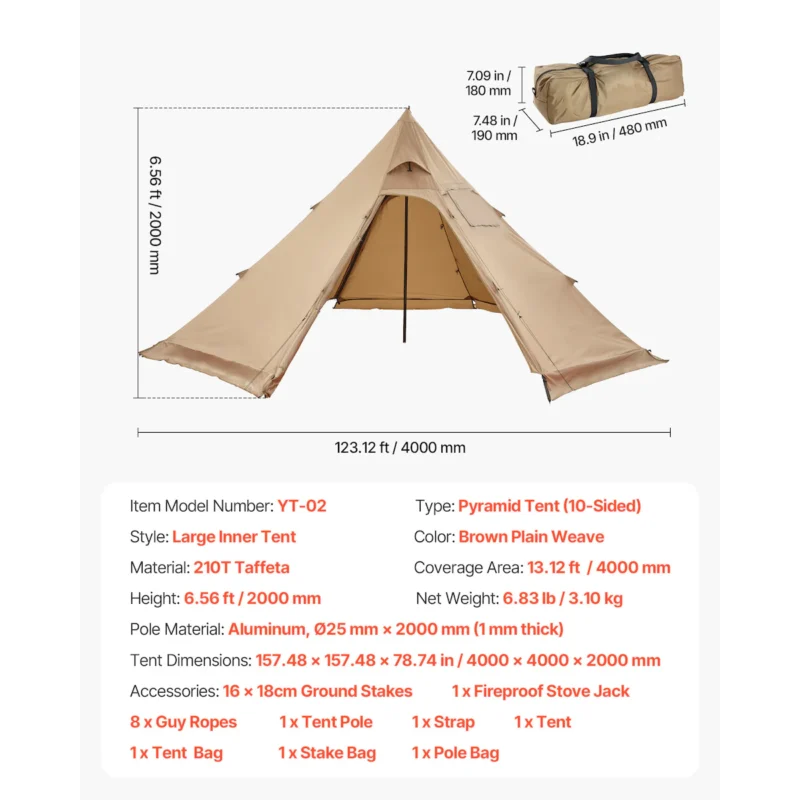 Hot Tent for 4 Persons, Portable Winter Tipi Tent with Stove Jack, Waterproof Canvas Camping Tents, Lightweight 4 Season Shelter Tents for Hiking Fishing Backpacking, M Size - Image 7