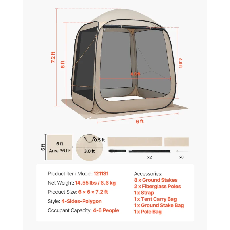 Screen House Tent, 6 x 6 ft, 4-6 Person Pop Up Screen Tent, Portable Screened in Canopy with Carry Bag, Netting Sides, Ground Stakes, for Garden, Patio, Backyard, and Outdoor Activities, Beige - Image 9