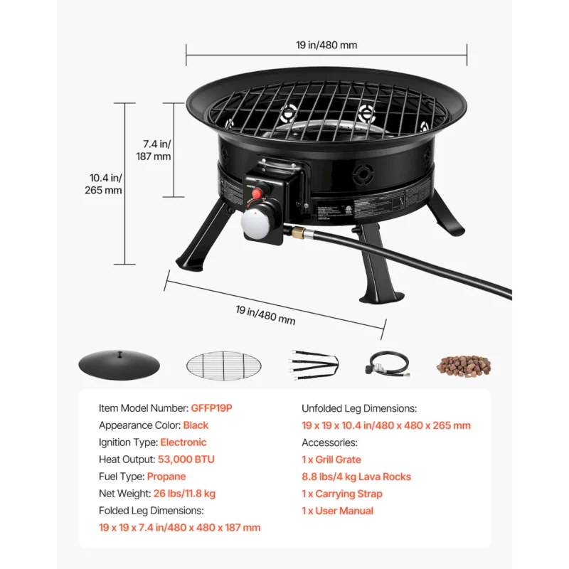 Propane Fire Pit 19-Inch, 53,000 BTU Portable Gas Fire Pit, with Grill Grate & Lava Rocks, Adjustable Flame, Folding Legs,Smokeless Outdoor Firebowl for Camping, Patio, Backyard, Deck, RV, Black - Image 7