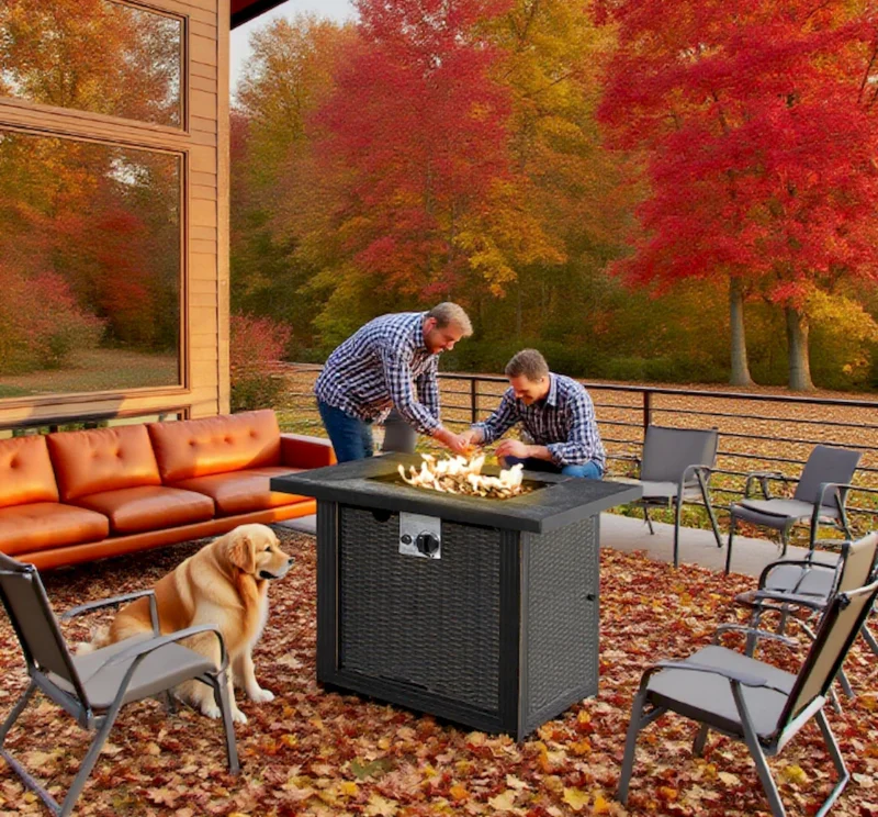 Outdoor Propane Gas Fire Pit Table, Auto-Ignition Square Wicker-effect Gas Firepit with Ceramic Tabletop - Image 4