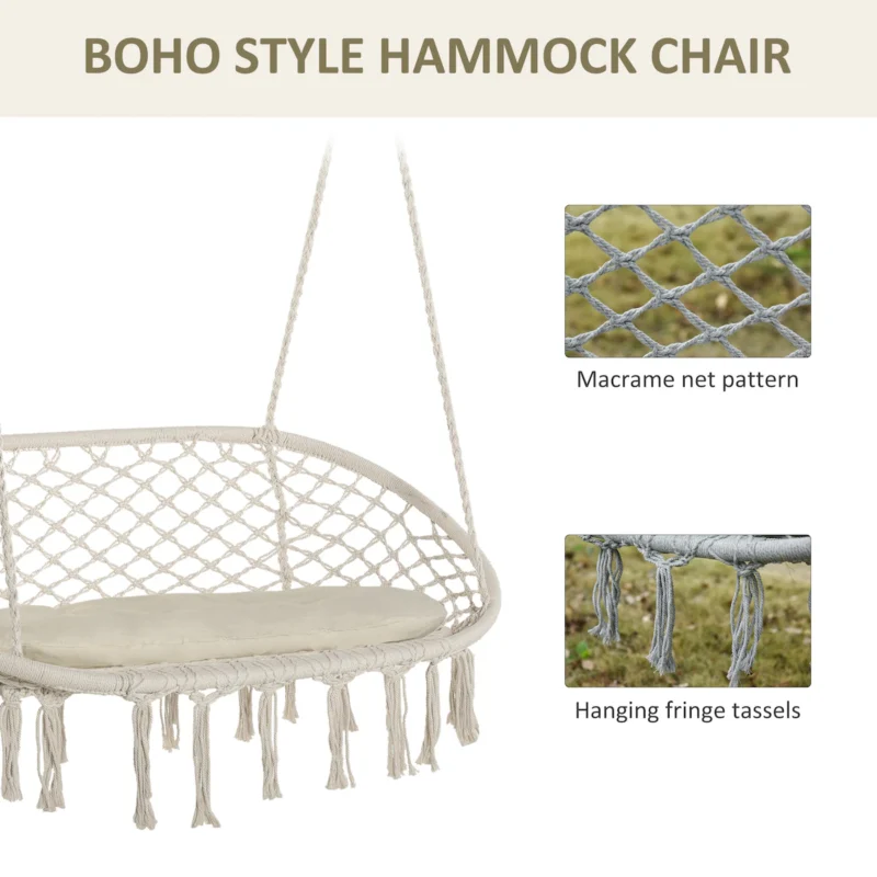 Outsunny 2-Person Hammock Chair Macrame Swing with Soft Cushion, Hanging Cotton Rope Chair for Indoor Outdoor Home Patio Backyard, White - Image 6