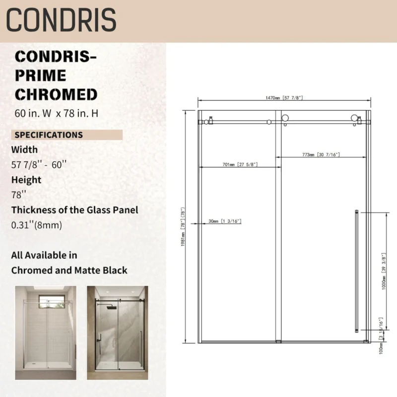 60" W x 78" H Chrome Reversible Installation Double Bypass Sliding Shower Door Easy Installation Frameless Shower Door,5/16"(8MM) Tempered Glass With Nano Explosion-proof Film - Image 4