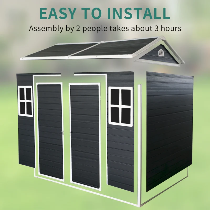 8x4ft Outdoor Resin Garden Shed with Floor and 2 Windows, Plastic Patio Outdoor Storage Shed with Lockable Door for Garden Tools, Bicycles, Trash Cans, Black  - Image 12