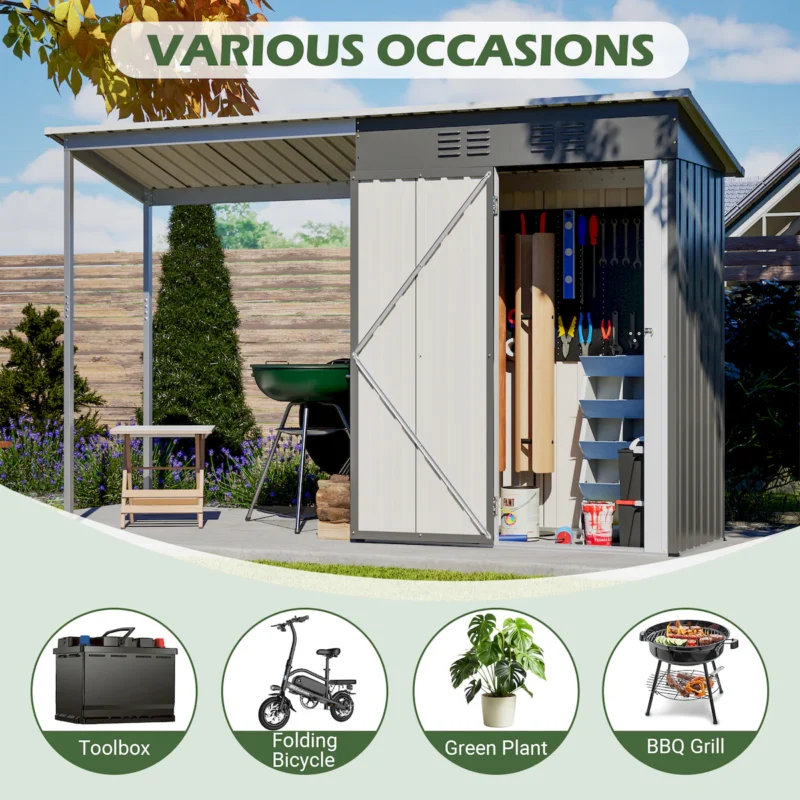 Durable 5x3FT Galvanized Steel Shed & Gazebo Combo, Easy Assembly Lean-To Storage with Open Pergola, All-Weather 2-in-1 Garden Shed for Tool Storage, Patio, Backyard  - Image 20