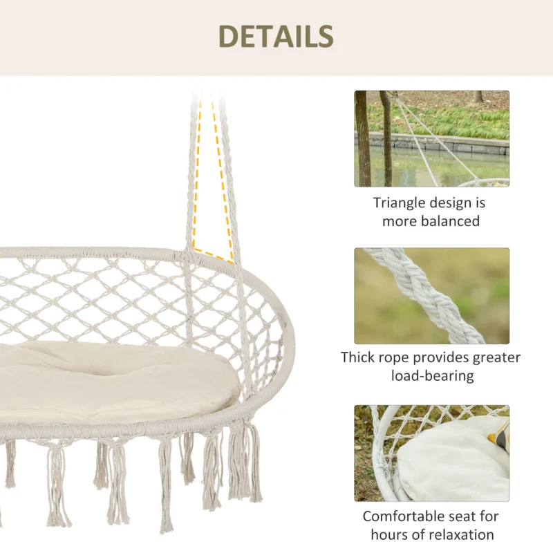 Outsunny 2-Person Hammock Chair Macrame Swing with Soft Cushion, Hanging Cotton Rope Chair for Indoor Outdoor Home Patio Backyard, White - Image 5