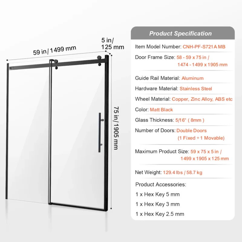 Frameless Shower Door 58-59 x 75 in Clear Tempered Glass 5/16 in Matte Black - Image 10