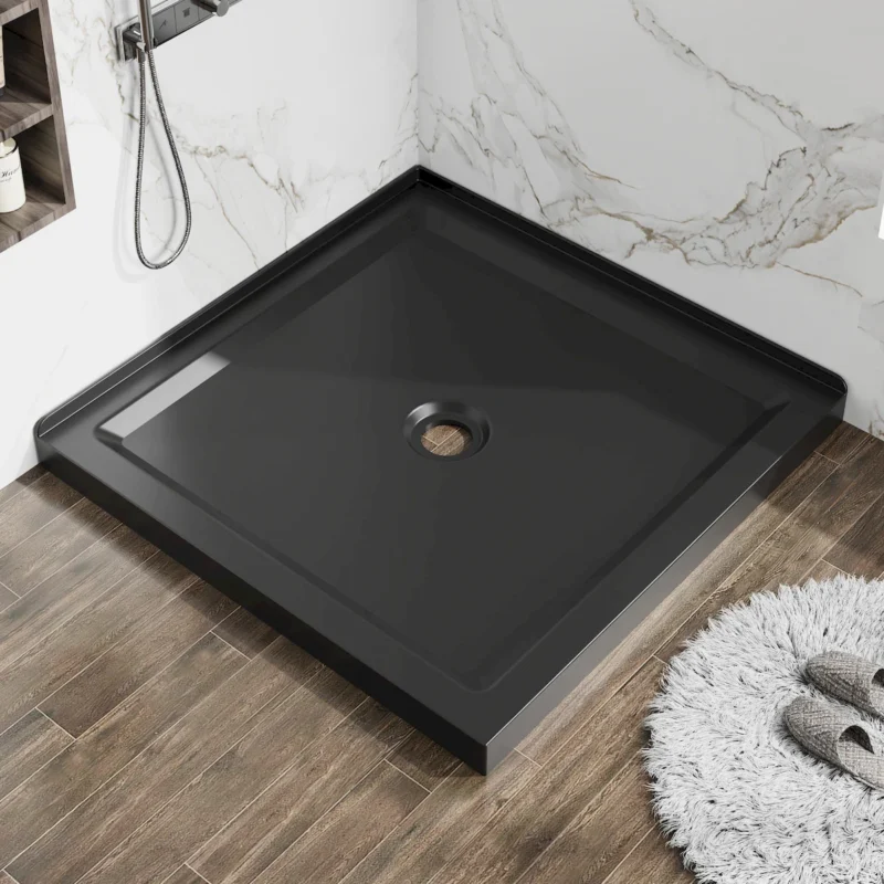 Goodyo 36"x36" Shower Base Anti-slip Acrylic Center Drain Double Threshold Shower Basin in Black - Image 2