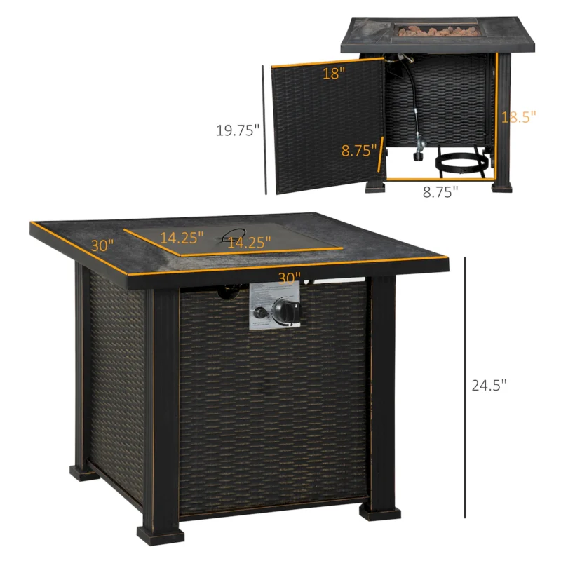 Outdoor Propane Gas Fire Pit Table, Auto-Ignition Square Wicker-effect Gas Firepit with Ceramic Tabletop - Image 2
