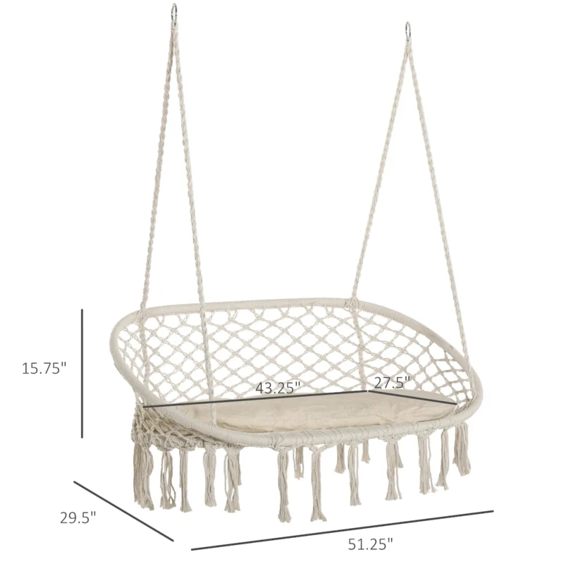 Outsunny 2-Person Hammock Chair Macrame Swing with Soft Cushion, Hanging Cotton Rope Chair for Indoor Outdoor Home Patio Backyard, White - Image 4